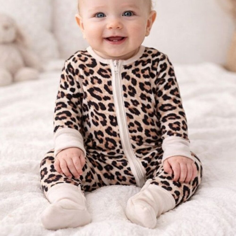 Miozing Bamboo 0-3 Mo‎ Baby Girl Leopard Zippy Pajamas Animal Sleeper